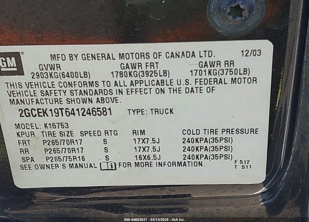 2004 CHEVROLET SILVERADO 1500 Z71 VIN: 2GCEK19T641246581
