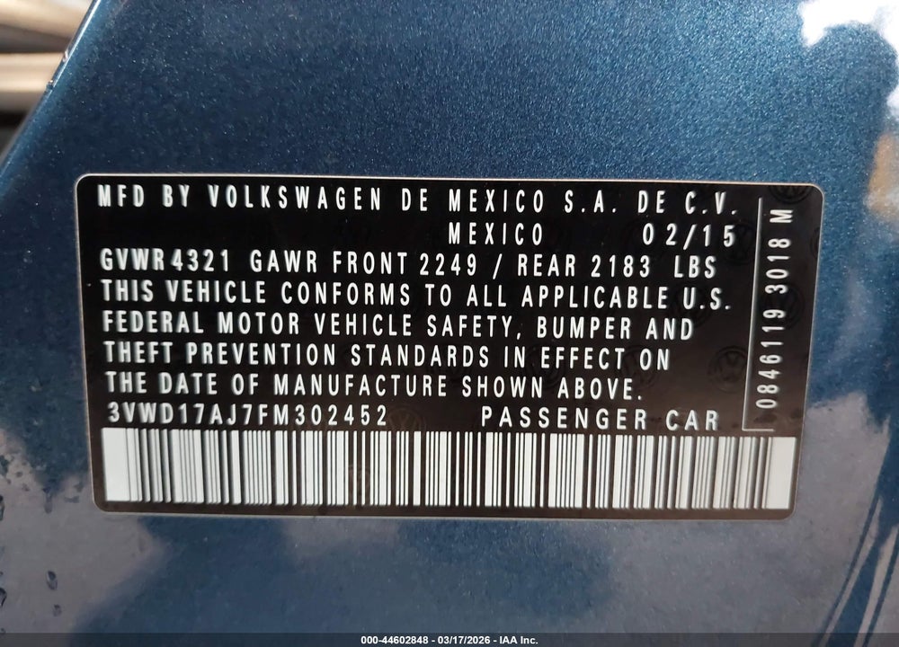 2015 VOLKSWAGEN JETTA 1.8T SE VIN: 3VWD17AJ7FM302452