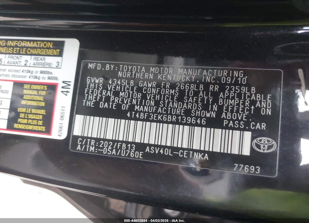 2011 TOYOTA CAMRY LE VIN: 4T4BF3EK6BR139646