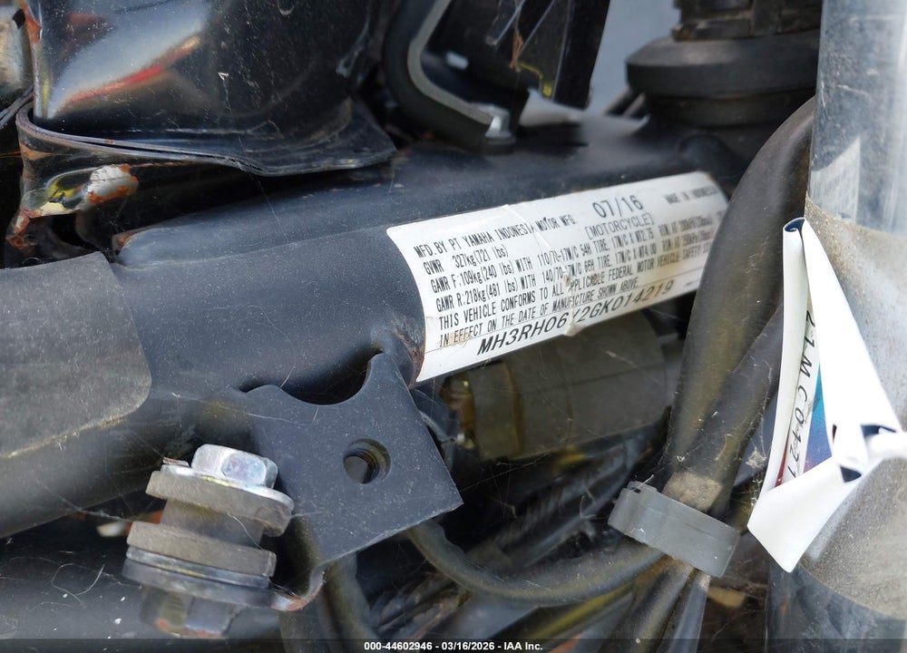 2016 YAMAHA YZFR3 VIN: MH3RH06Y2GK014219