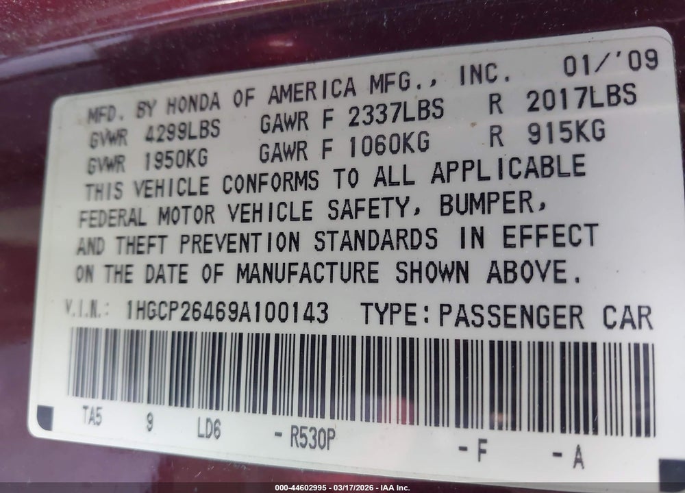2009 HONDA ACCORD 2.4 LX-P VIN: 1HGCP26469A100143