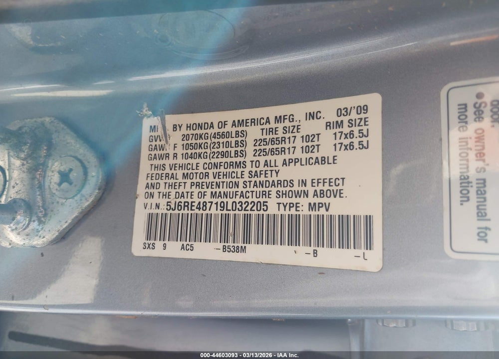 2009 HONDA CR-V EX-L VIN: 5J6RE48719L032205