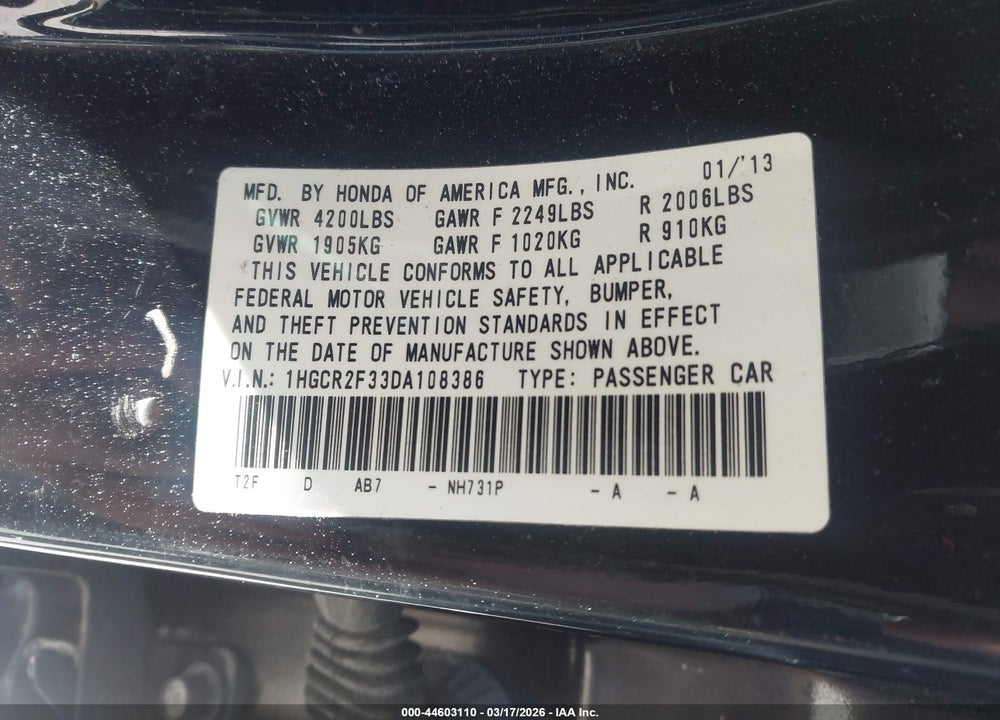2013 HONDA ACCORD LX VIN: 1HGCR2F33DA108386