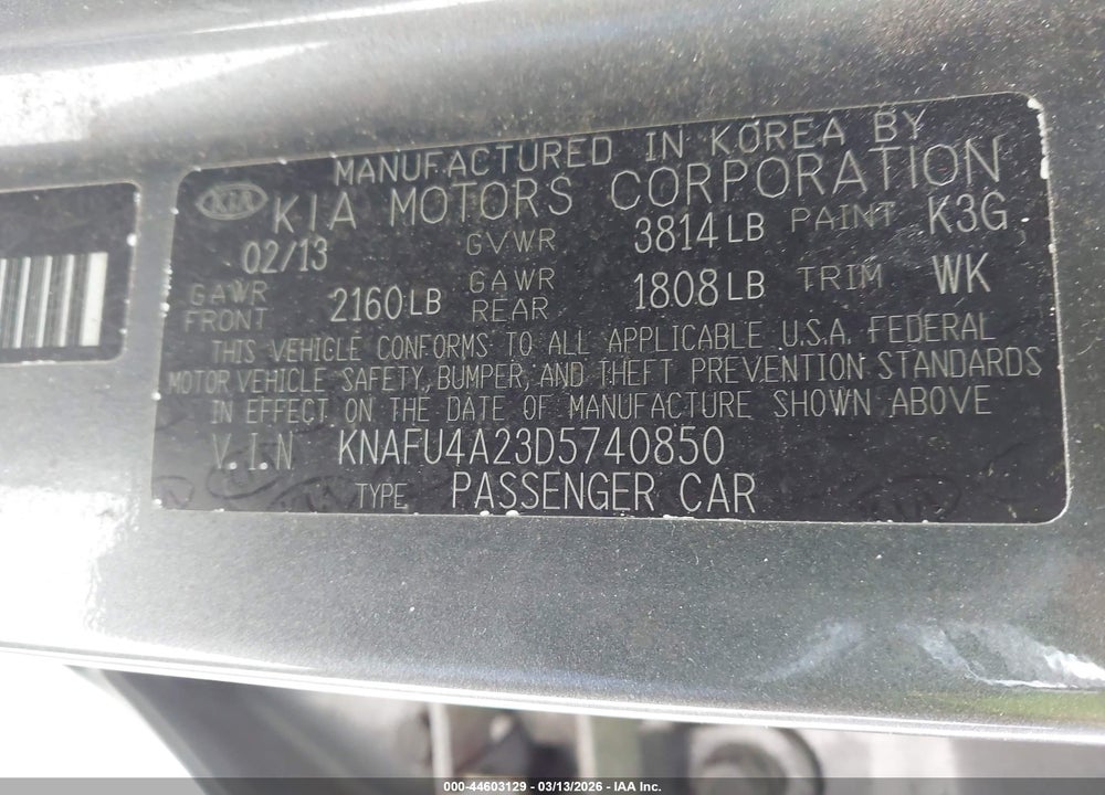 2013 KIA FORTE EX VIN: KNAFU4A23D5740850