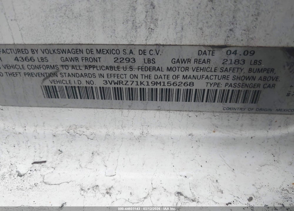 2009 VOLKSWAGEN JETTA SE VIN: 3VWRZ71K19M156268