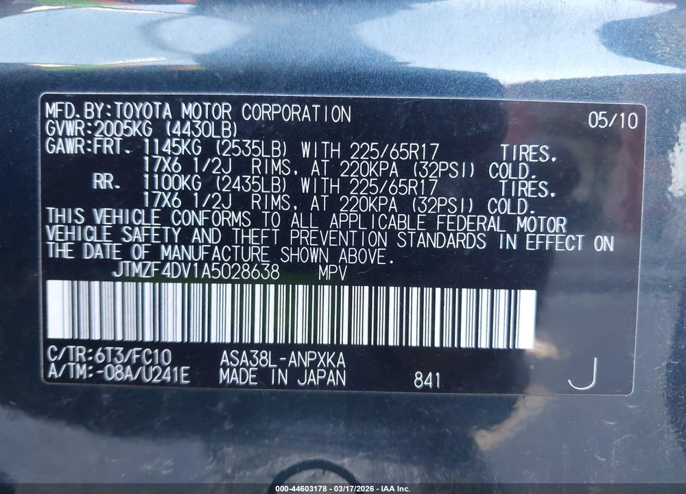 2010 TOYOTA RAV4 VIN: JTMZF4DV1A5028638