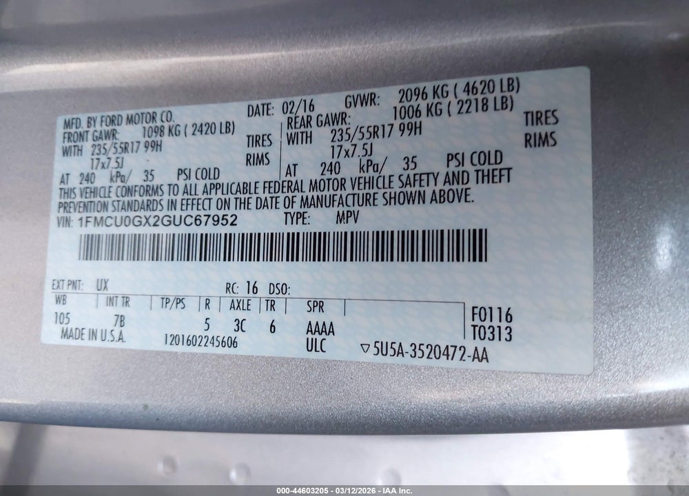 2016 FORD ESCAPE SE VIN: 1FMCU0GX2GUC67952
