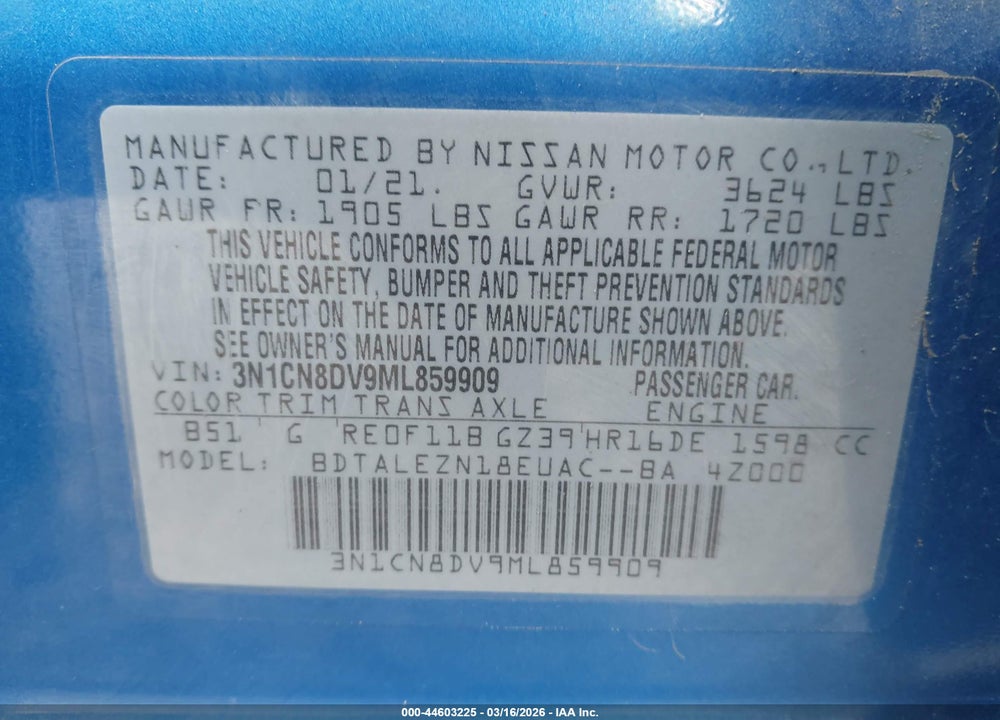 2021 NISSAN VERSA S XTRONIC CVT VIN: 3N1CN8DV9ML859909