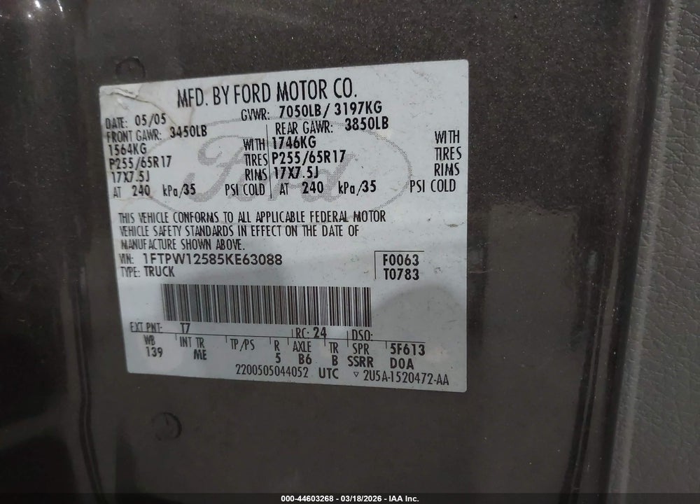 2005 FORD F-150 LARIAT/XLT VIN: 1FTPW12585KE63088