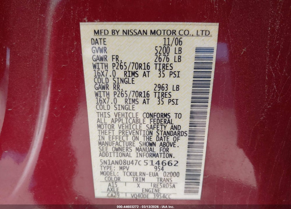2007 NISSAN XTERRA S VIN: 5N1AN08U47C514662