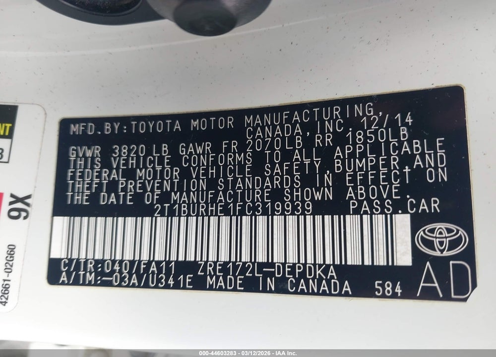 2015 TOYOTA COROLLA L VIN: 2T1BURHE1FC319939