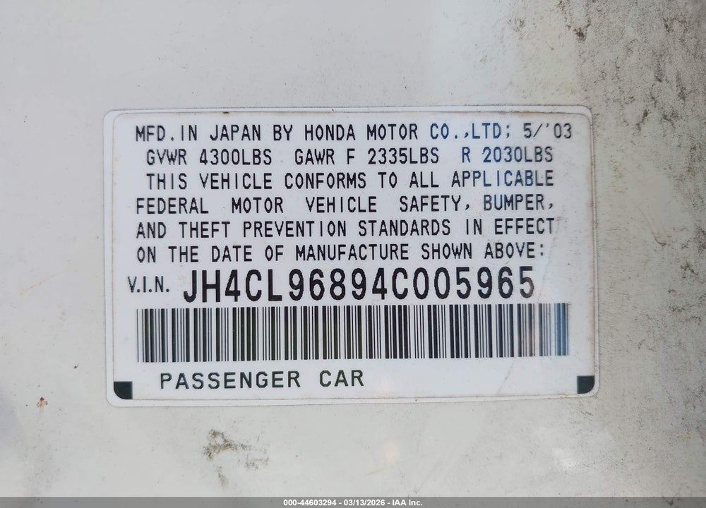 2004 ACURA TSX VIN: JH4CL96894C005965
