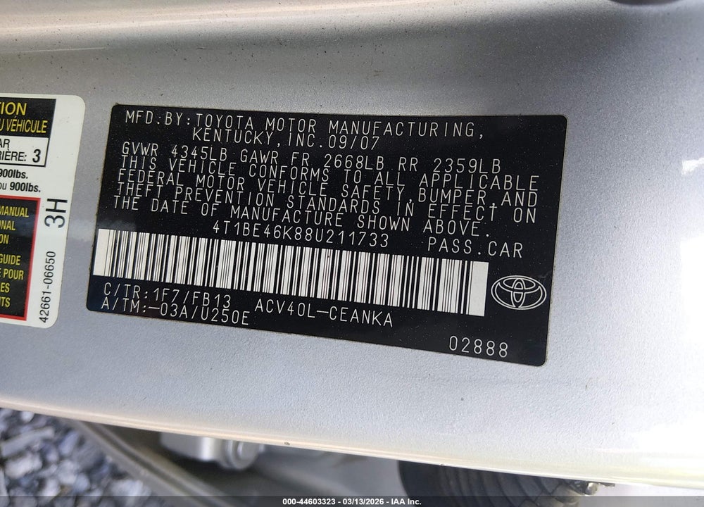 2008 TOYOTA CAMRY LE VIN: 4T1BE46K88U211733