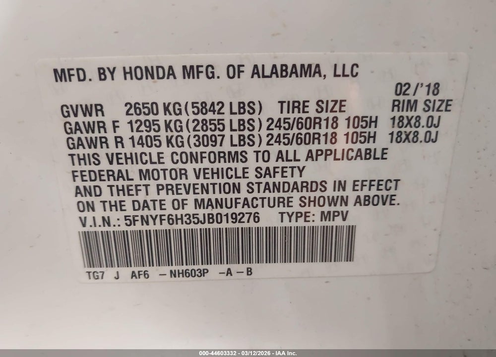 2018 HONDA PILOT EX VIN: 5FNYF6H35JB019276