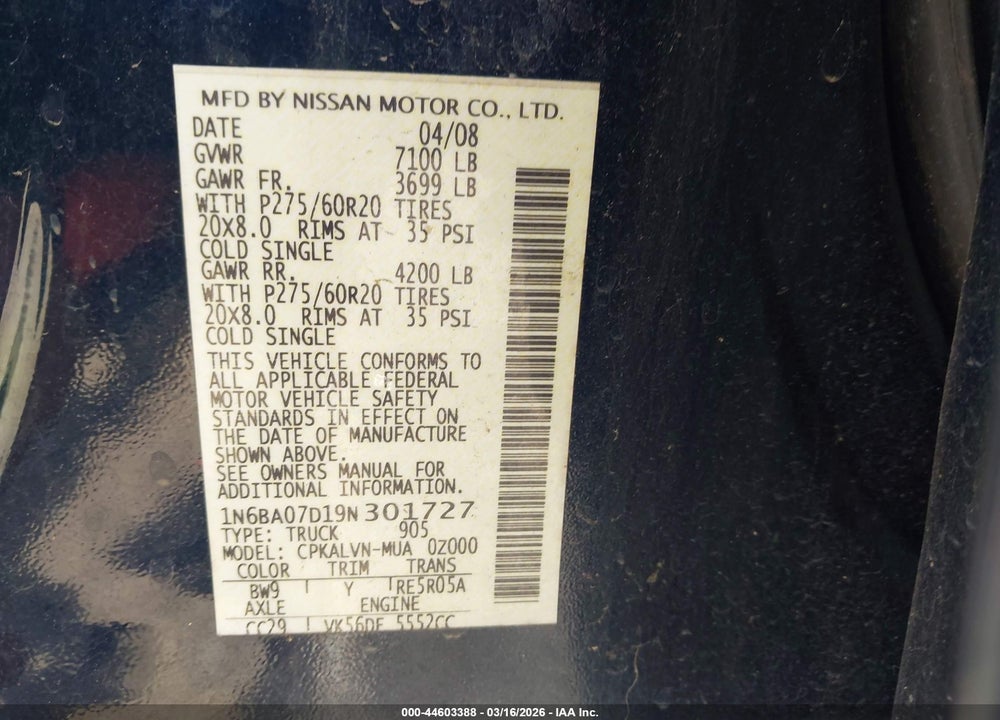 2009 NISSAN TITAN LE VIN: 1N6BA07D19N301727