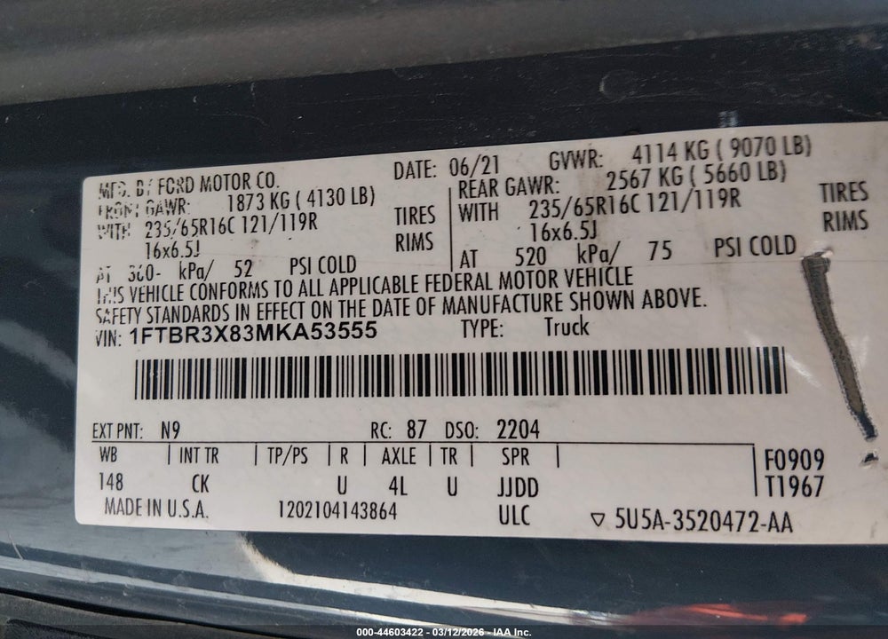 2021 FORD TRANSIT-250 CARGO VAN VIN: 1FTBR3X83MKA53555