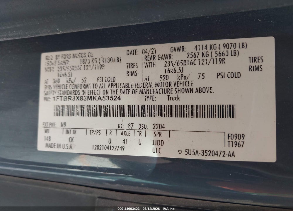 2021 FORD TRANSIT-250 CARGO VAN VIN: 1FTBR3X83MKA53524