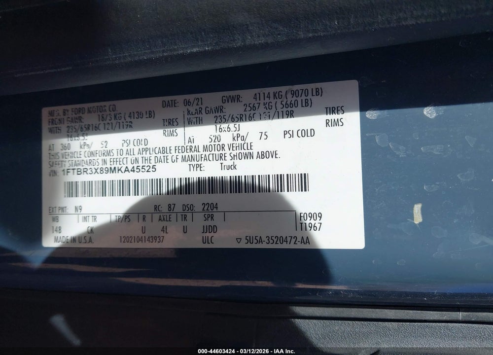 2021 FORD TRANSIT-250 CARGO VAN VIN: 1FTBR3X89MKA45525