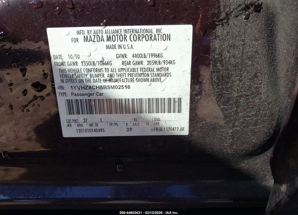 2011 MAZDA 6 I GRAND TOURING VIN: 1YVHZ8CH8B5M02518