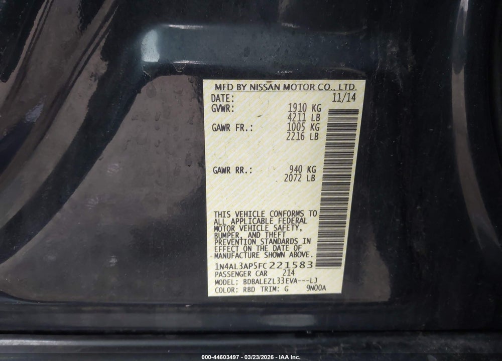 2015 NISSAN ALTIMA 2.5 S VIN: 1N4AL3AP5FC221583