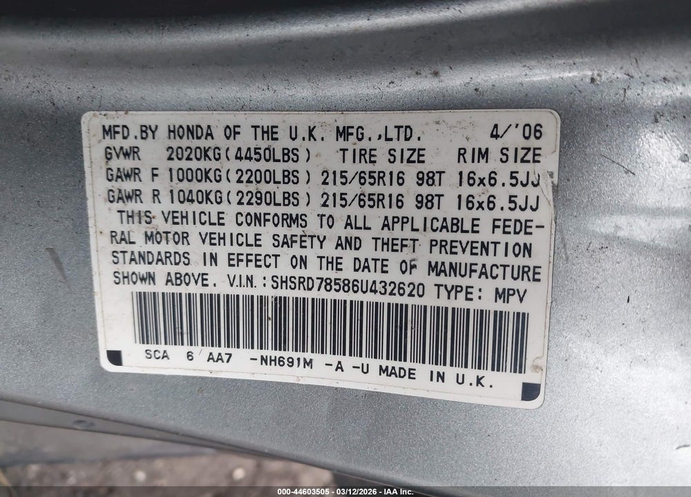 2006 HONDA CR-V LX VIN: SHSRD78586U432620