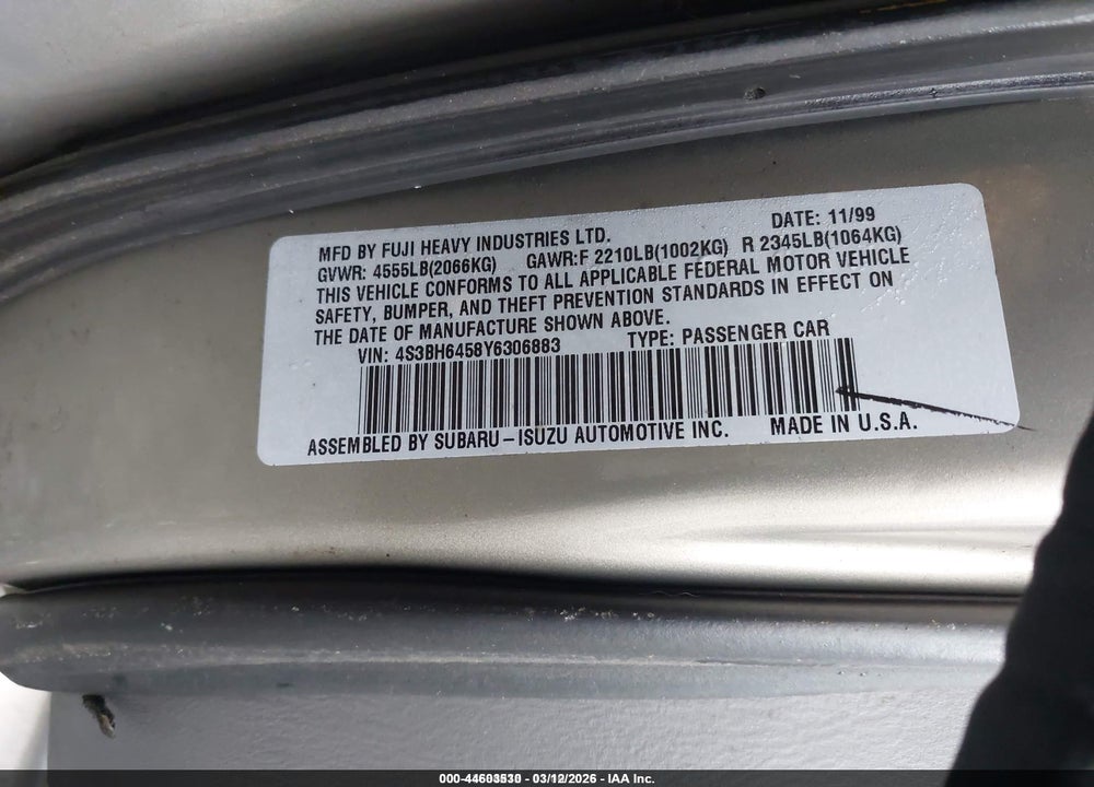 2000 SUBARU LEGACY GT VIN: 4S3BH6458Y6306883