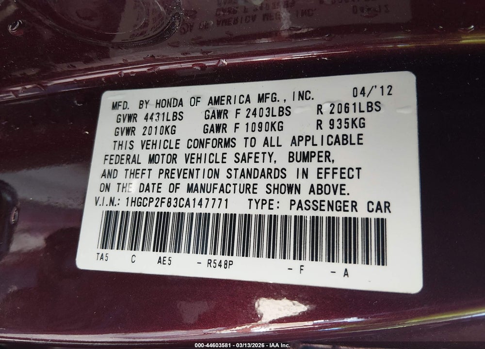 2012 HONDA ACCORD 2.4 EX-L VIN: 1HGCP2F83CA147771