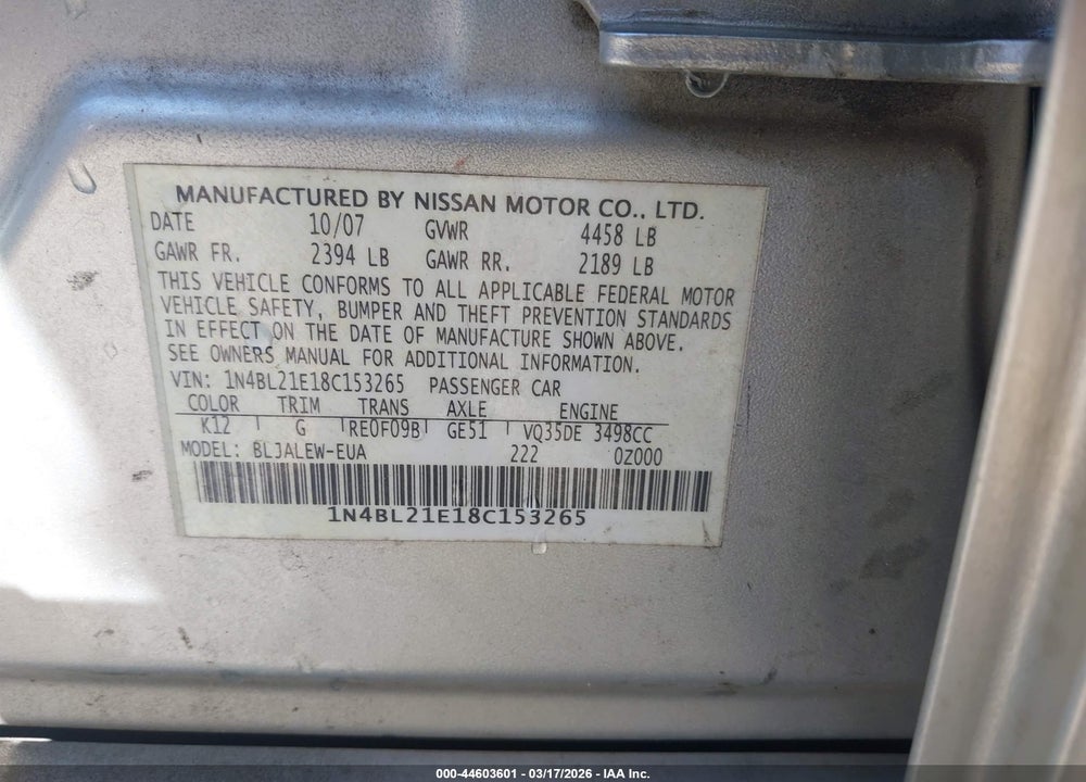 2008 NISSAN ALTIMA 3.5 SL VIN: 1N4BL21E18C153265