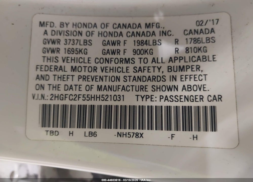 2017 HONDA CIVIC LX VIN: 2HGFC2F55HH521031