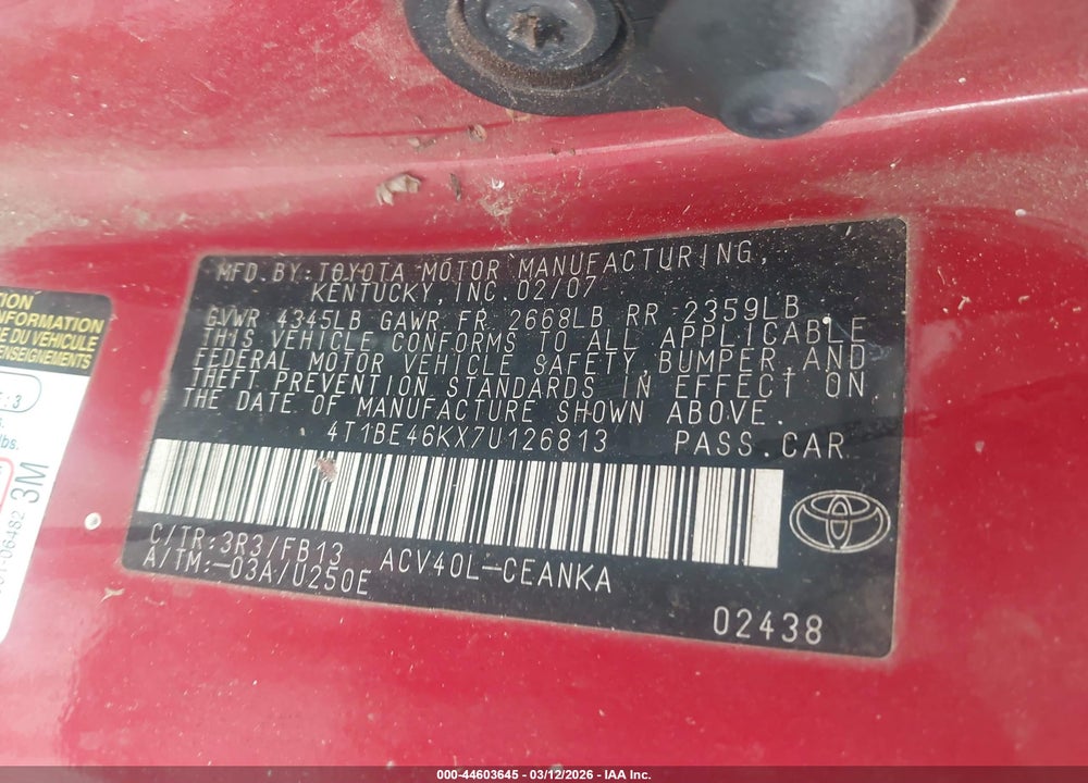 2007 TOYOTA CAMRY LE VIN: 4T1BE46KX7U126813