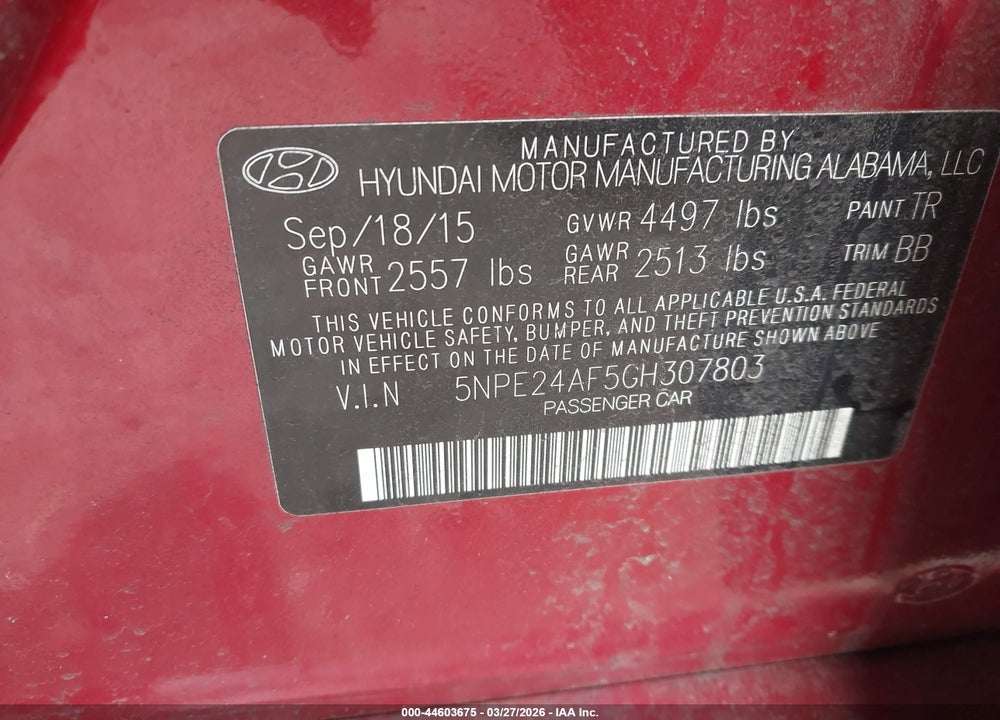 2016 HYUNDAI SONATA SE VIN: 5NPE24AF5GH307803