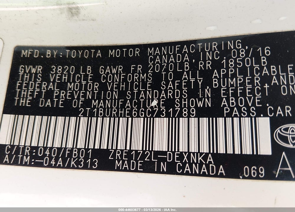 2016 TOYOTA COROLLA LE VIN: 2T1BURHE6GC731789