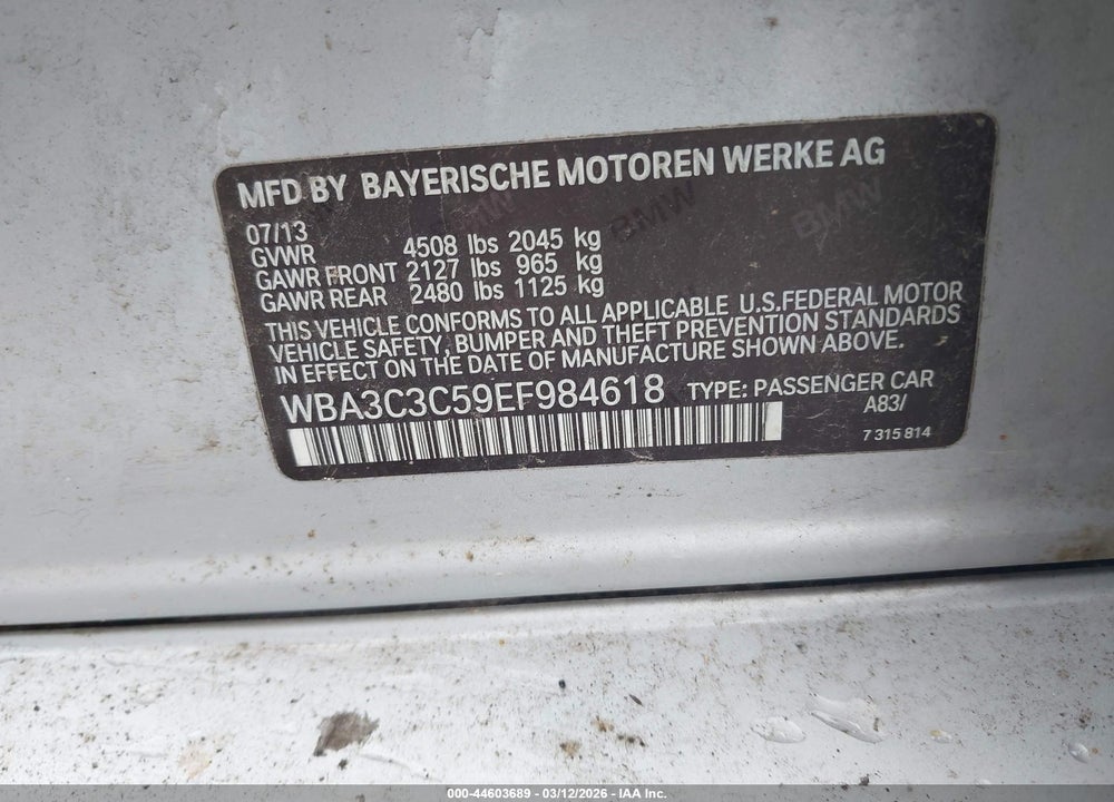 2014 BMW 3 SERIES VIN: WBA3C3C59EF984618