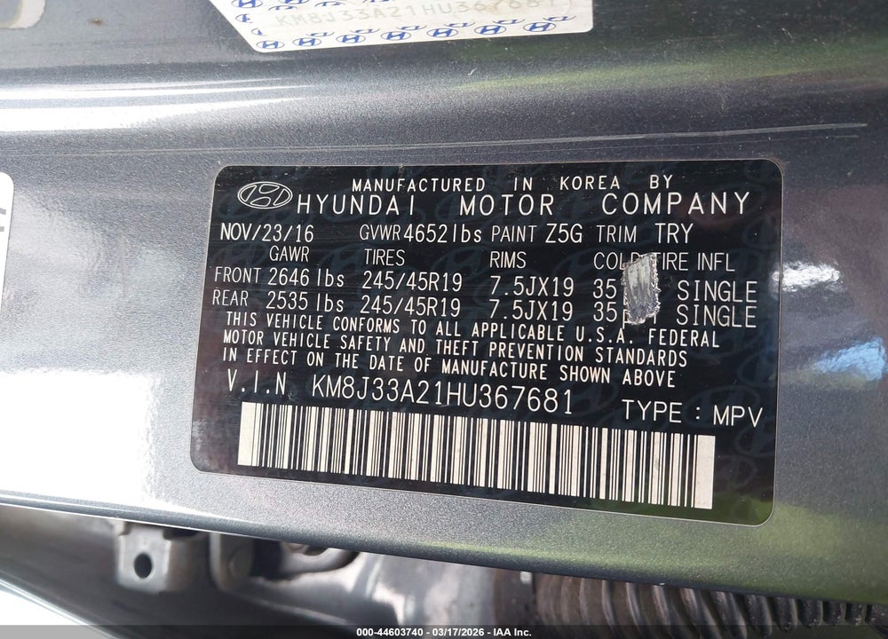 2017 HYUNDAI TUCSON SPORT VIN: KM8J33A21HU367681
