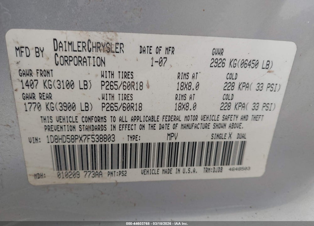 2007 DODGE DURANGO LIMITED VIN: 1D8HD58PX7F538803