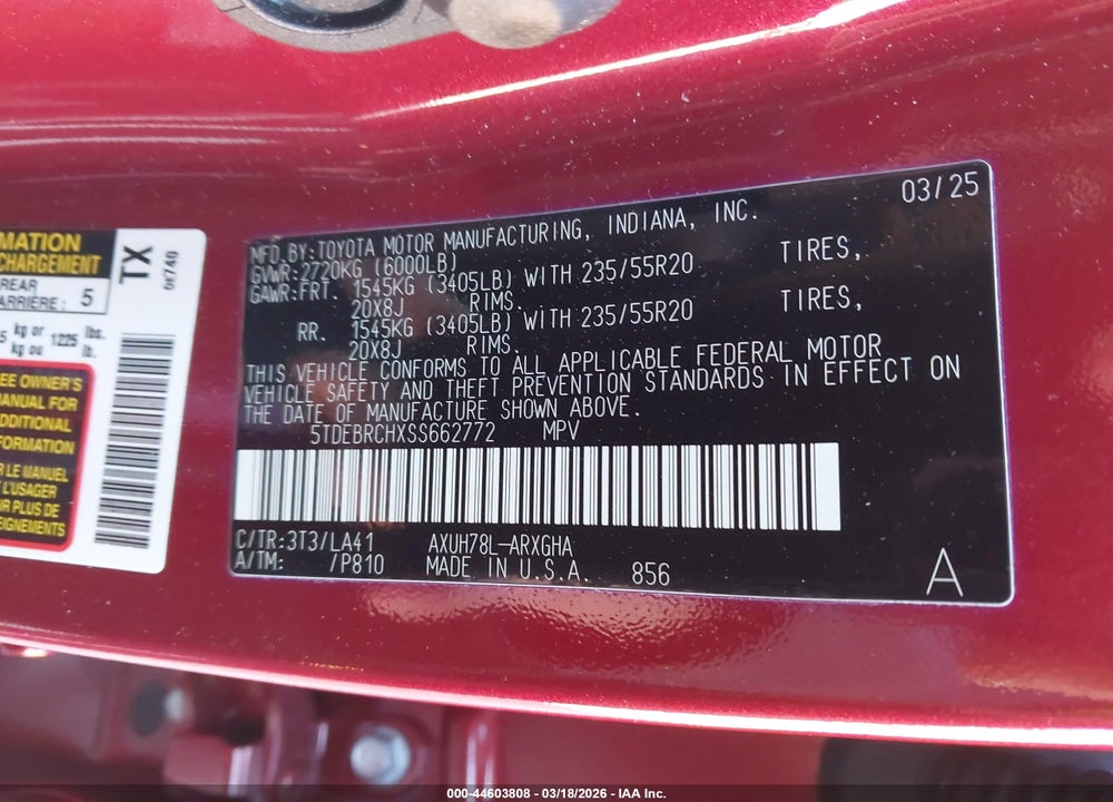 2025 TOYOTA HIGHLANDER HYBRID PLATINUM VIN: 5TDEBRCHXSS662772