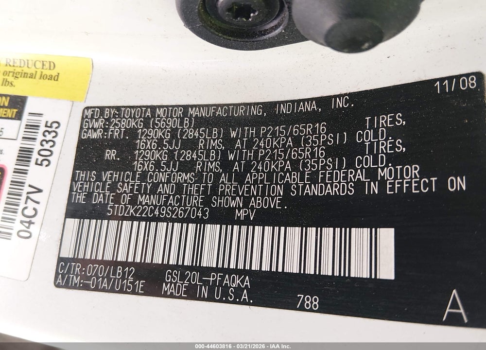 2009 TOYOTA SIENNA XLE VIN: 5TDZK22C49S267043