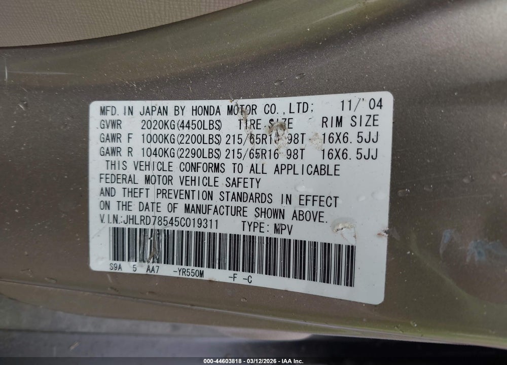2005 HONDA CR-V LX VIN: JHLRD78545C019311