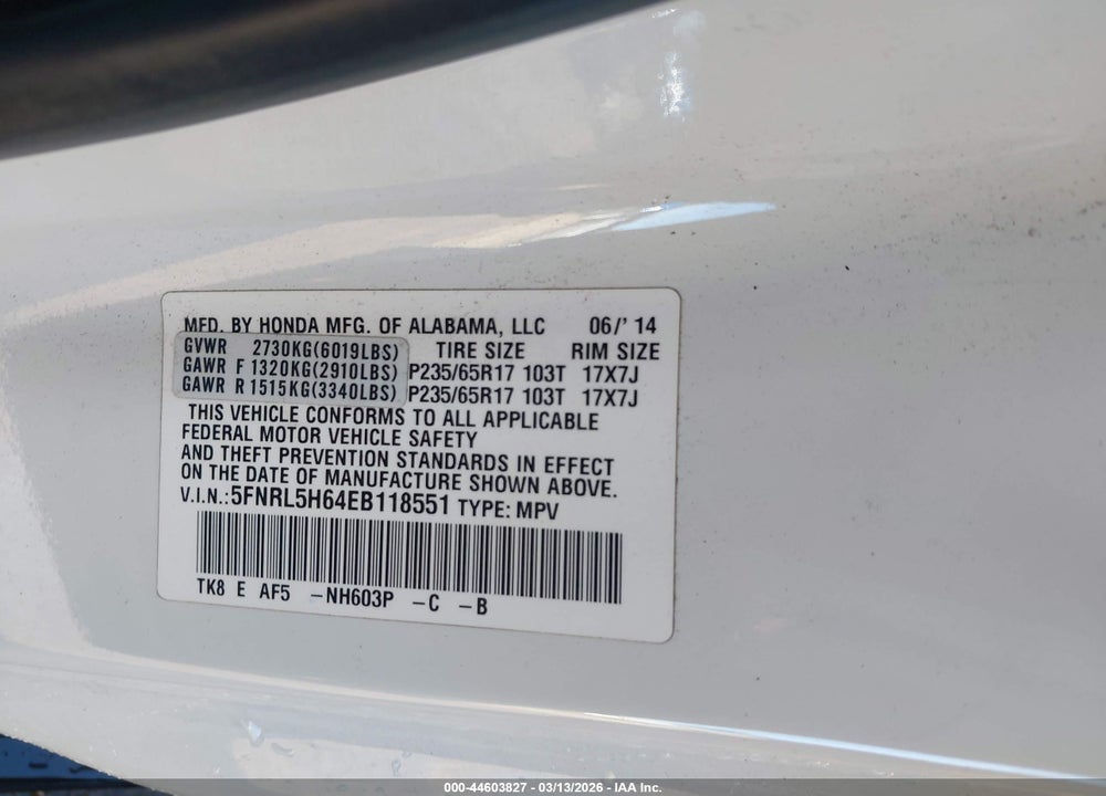 2014 HONDA ODYSSEY EX-L VIN: 5FNRL5H64EB118551
