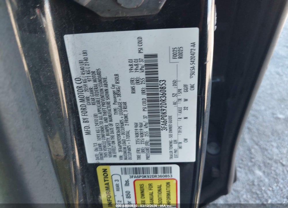 2013 FORD FUSION TITANIUM VIN: 3FA6P0K92DR360853