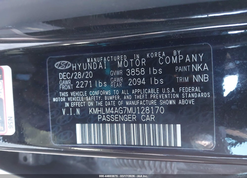 2021 HYUNDAI ELANTRA SEL VIN: KMHLM4AG7MU128170