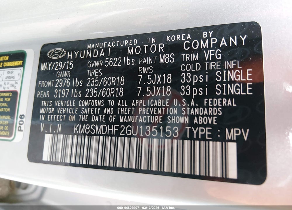 2016 HYUNDAI SANTA FE SE VIN: KM8SMDHF2GU135153