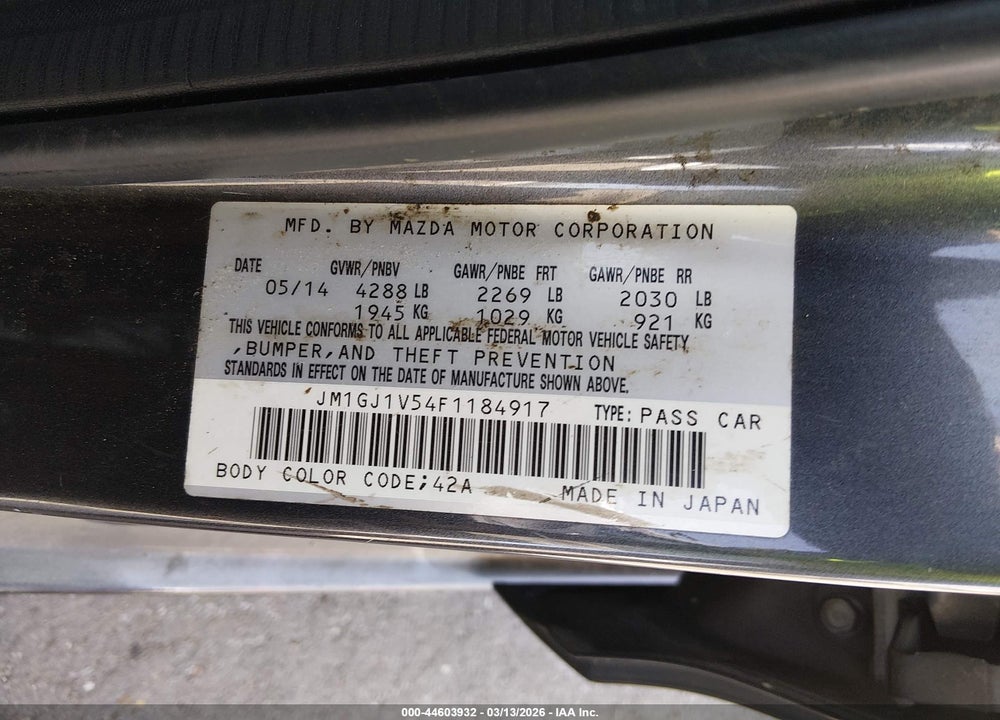 2015 MAZDA 6 I TOURING VIN: JM1GJ1V54F1184917
