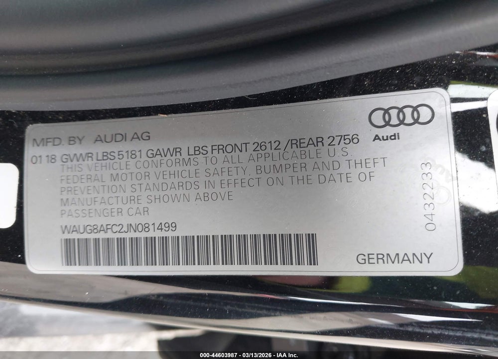 2018 AUDI A6 2.0T PREMIUM VIN: WAUG8AFC2JN081499