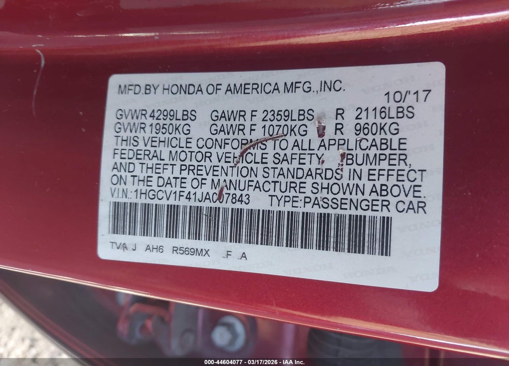 2018 HONDA ACCORD EX VIN: 1HGCV1F41JA007843