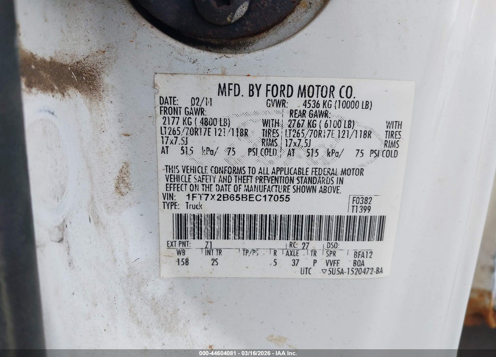 2011 FORD F-250 XLT VIN: 1FT7X2B65BEC17055