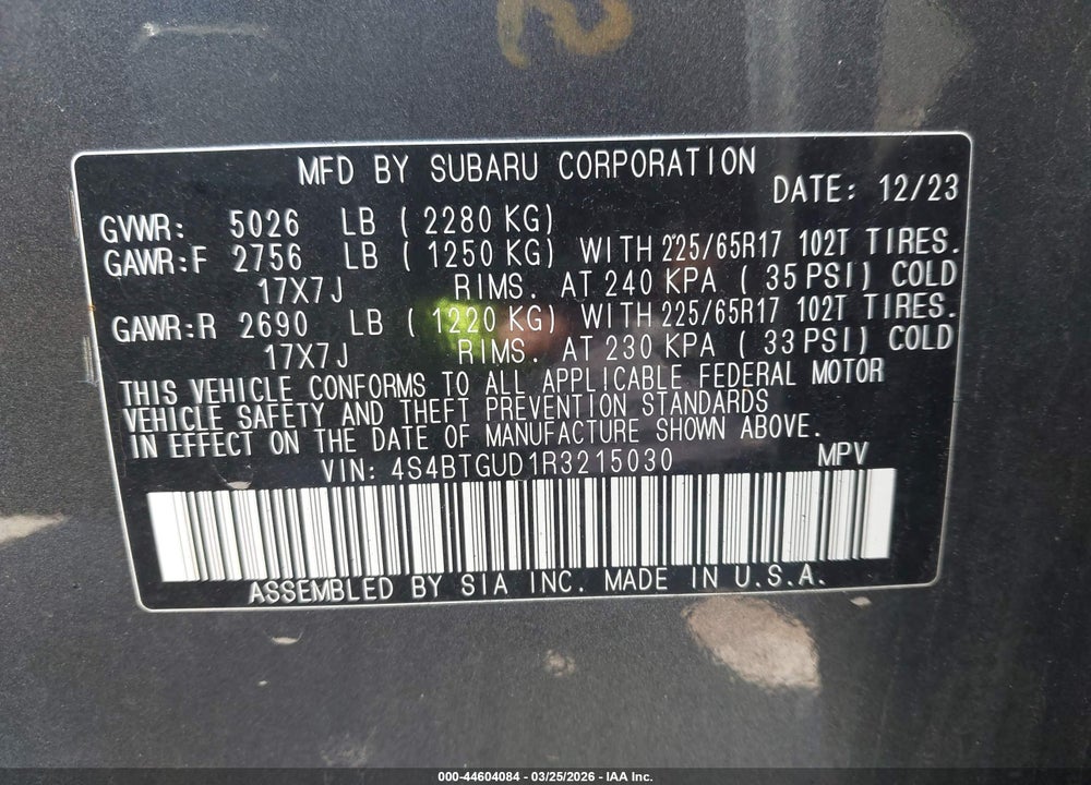2024 SUBARU OUTBACK WILDERNESS VIN: 4S4BTGUD1R3215030