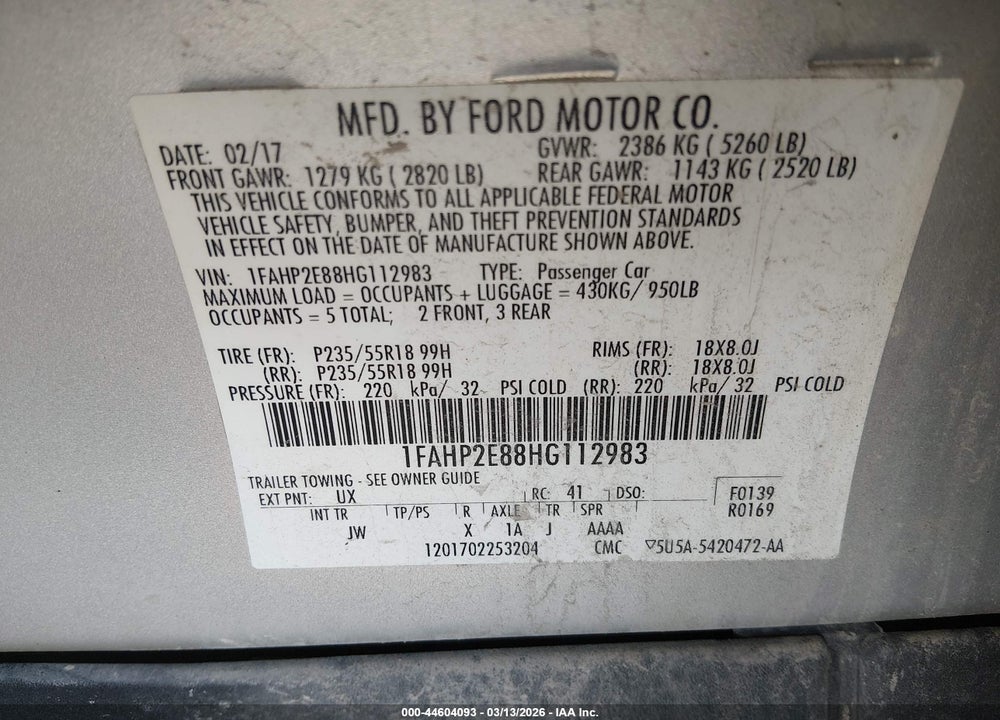 2017 FORD TAURUS SEL VIN: 1FAHP2E88HG112983