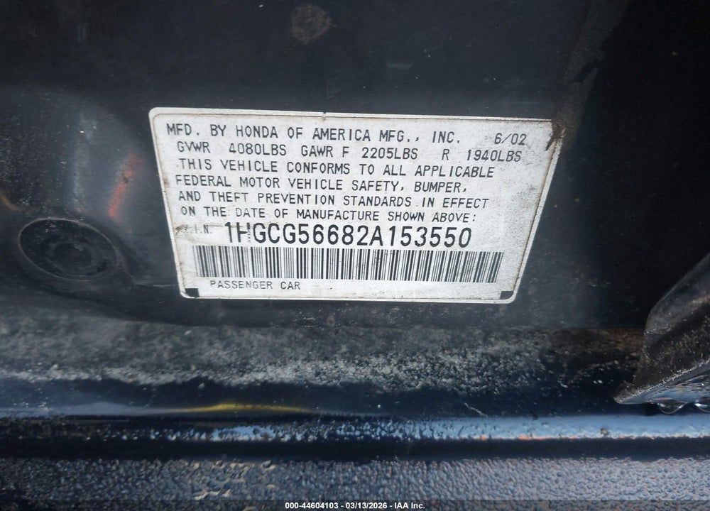 2002 HONDA ACCORD 2.3 EX VIN: 1HGCG56682A153550