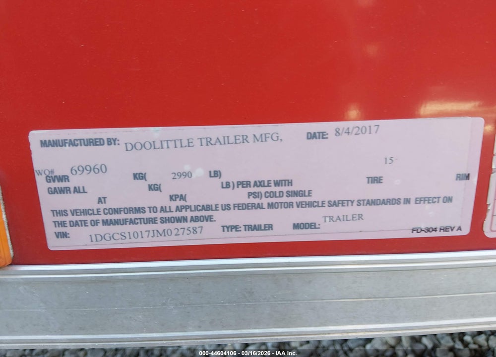 2018 DOOLITTLE TRAILER MFG INC UNKNOWN VIN: 1DGCS1017JM027587